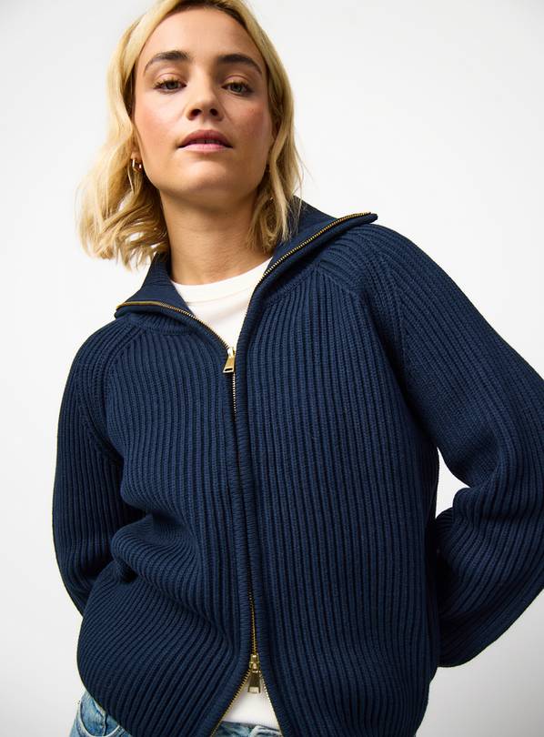 Navy Funnel Neck Ribbed Cardigan S