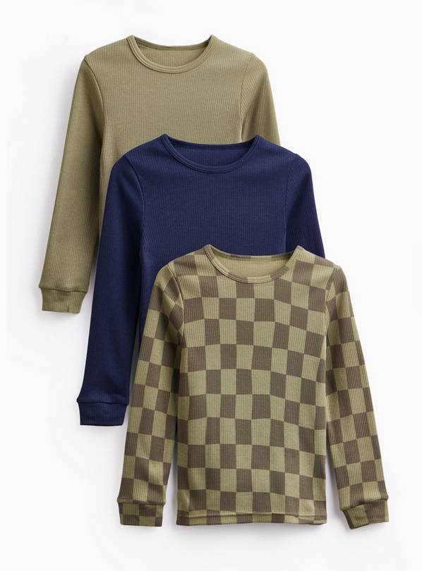 Khaki, Navy & Checkerboard Thermal Long Sleeve Tops 3-Pack 6-7 years