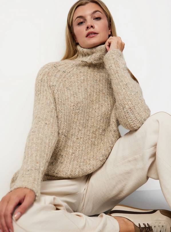 Oatmeal Roll Neck Heritage Knitted Jumper L