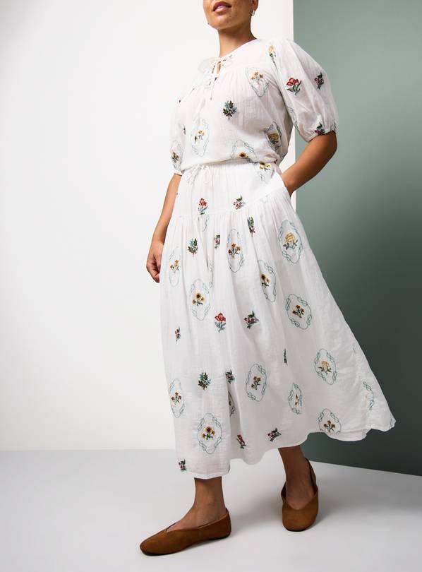 Tu x Morris & Co. White Kelmscott Trellis Embroidered Print Midaxi Skirt 8