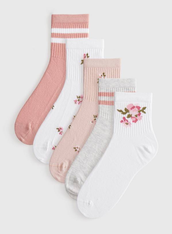 Floral & Stripe Print Sports Ankle Socks 5 Pack 4-8