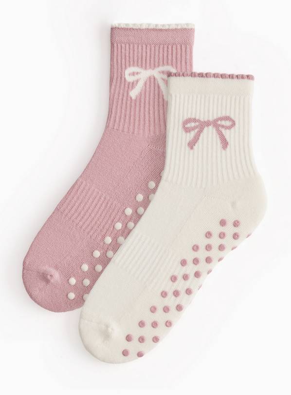 Cream & Pink Bow Detail Cropped Pilates Ankle Socks 2 Pack 4-8