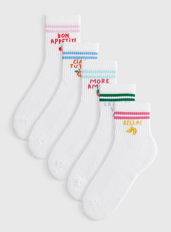 White Fruit Print Sports Ankle Socks 5 Pack 4-8
