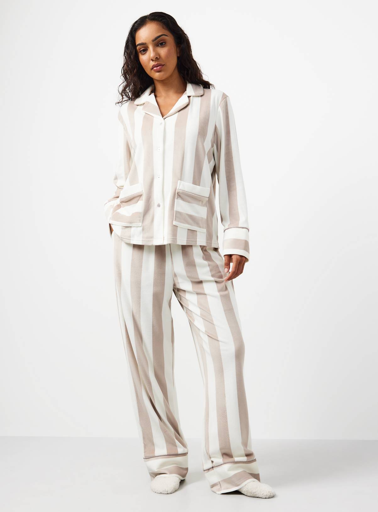 Neutral Contrast Stripe Traditional Pyjamas M - Image 2