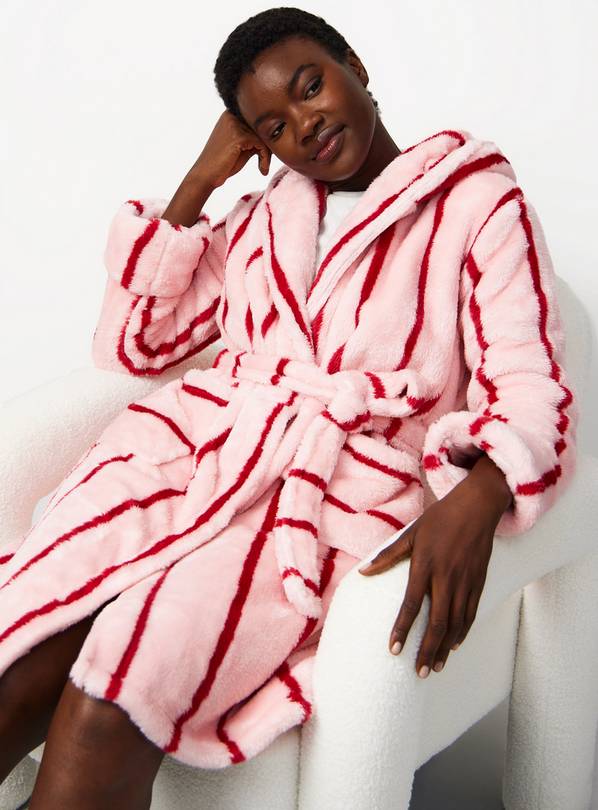 Pink Stripe Print Hooded Dressing Gown S