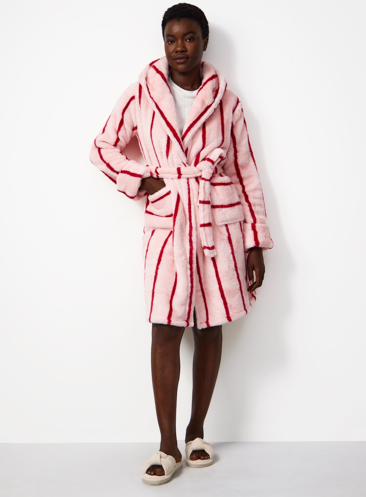 Pink Stripe Print Hooded Dressing Gown S - Image 2 thumbnail