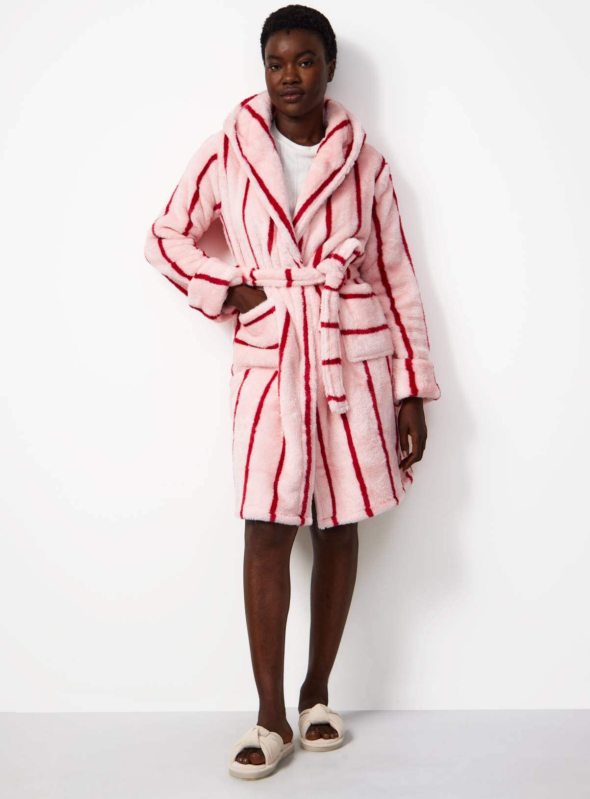 Pink Stripe Print Hooded Dressing Gown S - Image 2