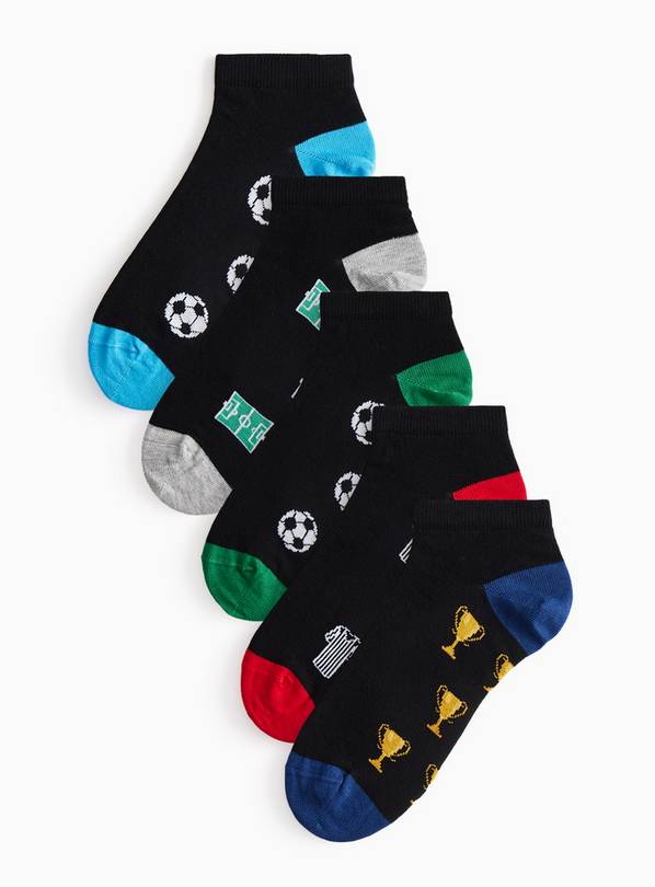 Black Football Footbed Print Trainer Socks 5 Pack 6-8.5