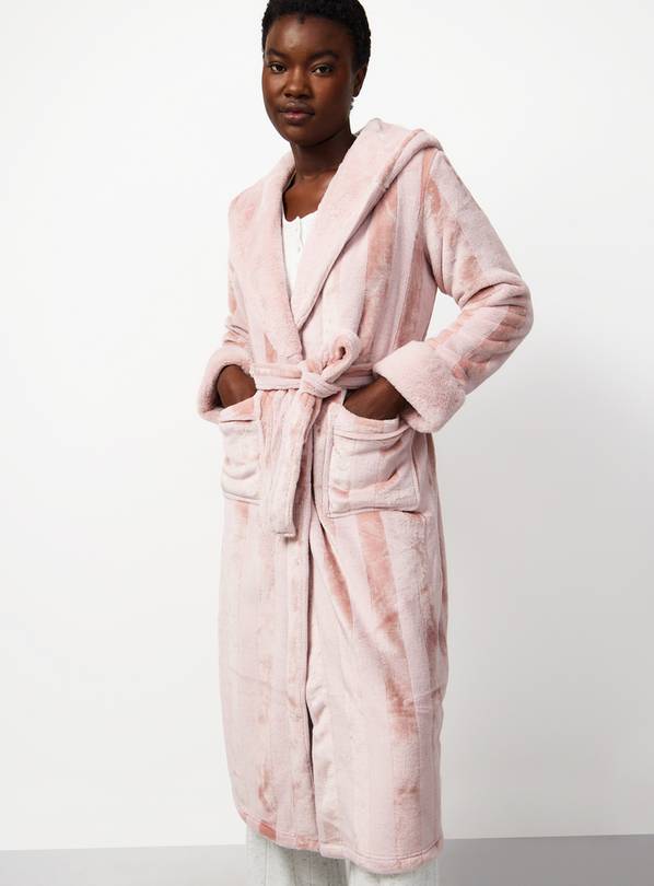 Pink Shadow Stripe Print Plush Hooded Dressing Gown S