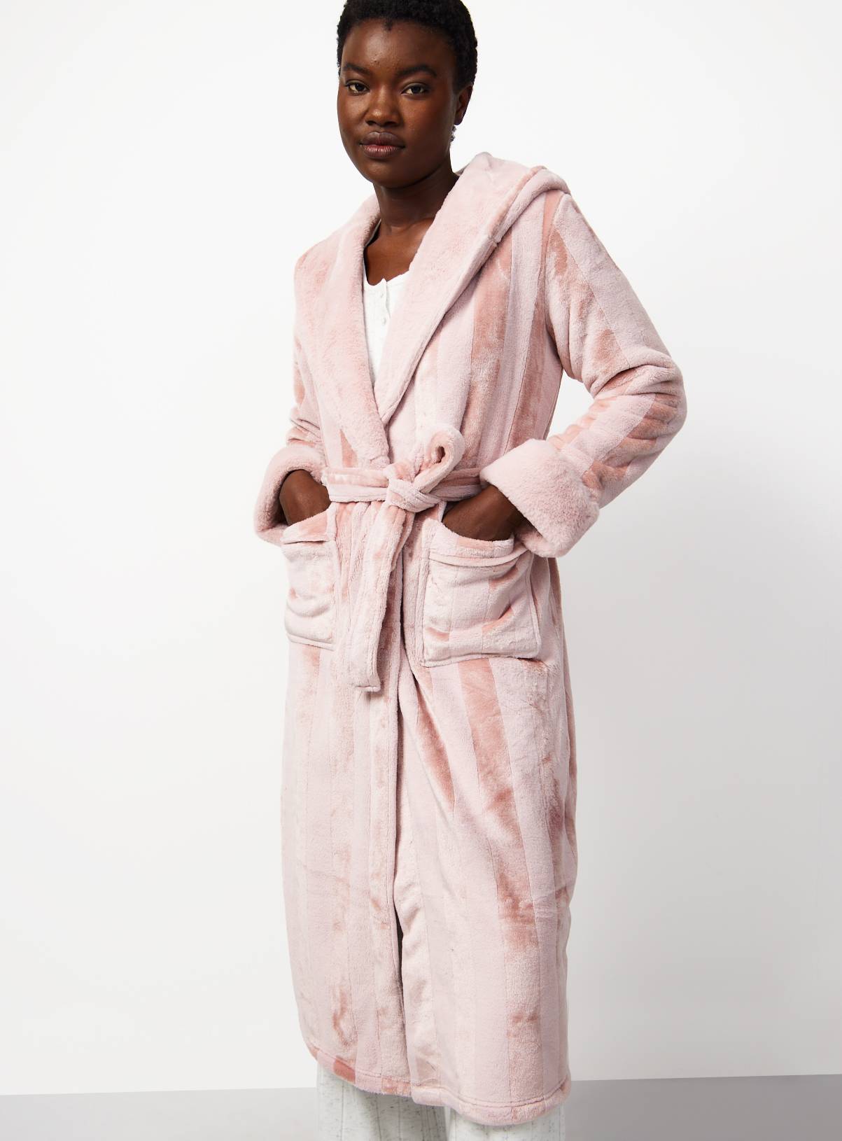 Pink Shadow Stripe Print Plush Hooded Dressing Gown S - Image 1