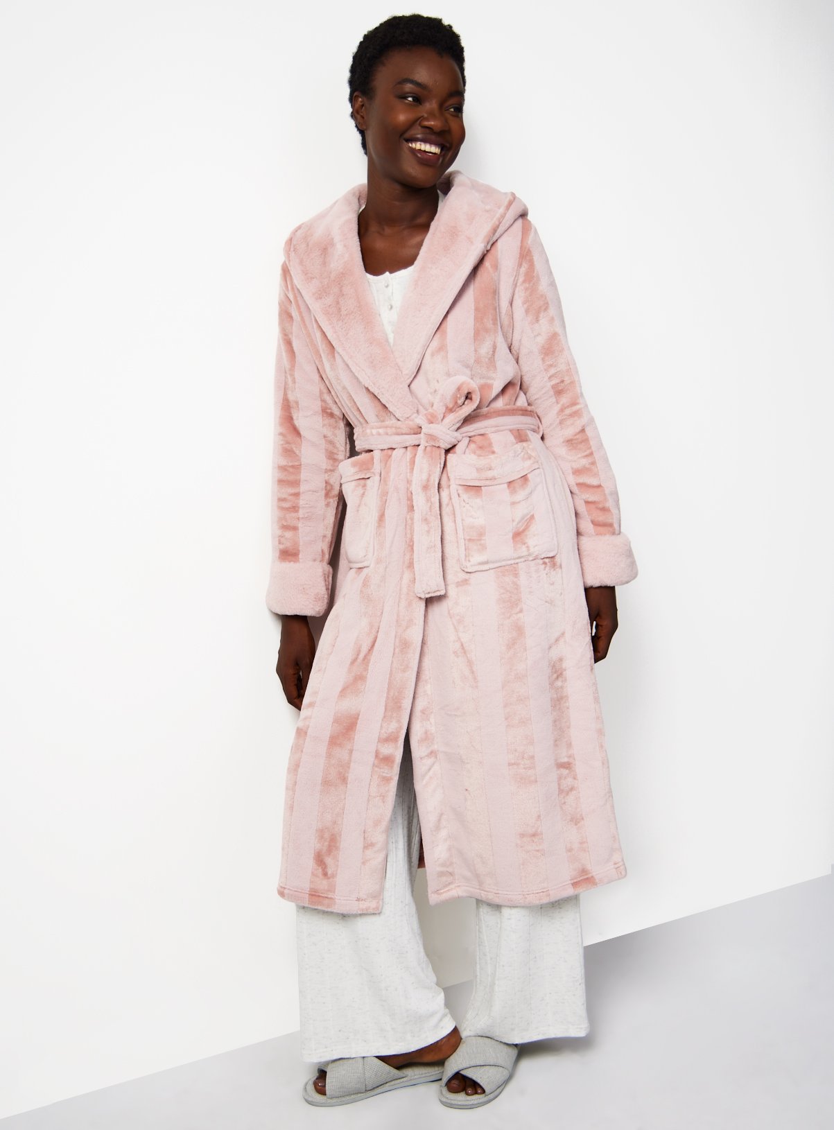 Pink Shadow Stripe Print Plush Hooded Dressing Gown S - Image 2 thumbnail