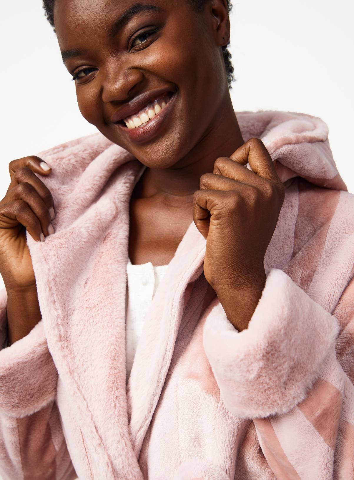 Pink Shadow Stripe Print Plush Hooded Dressing Gown S - Image 3