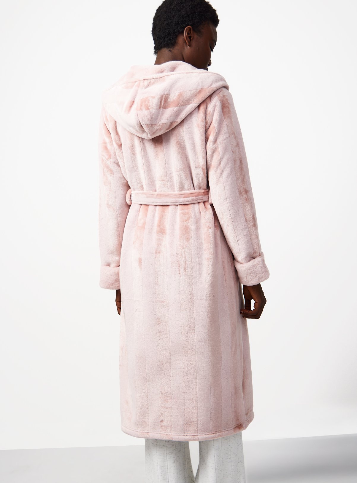 Pink Shadow Stripe Print Plush Hooded Dressing Gown S - Image 4 thumbnail