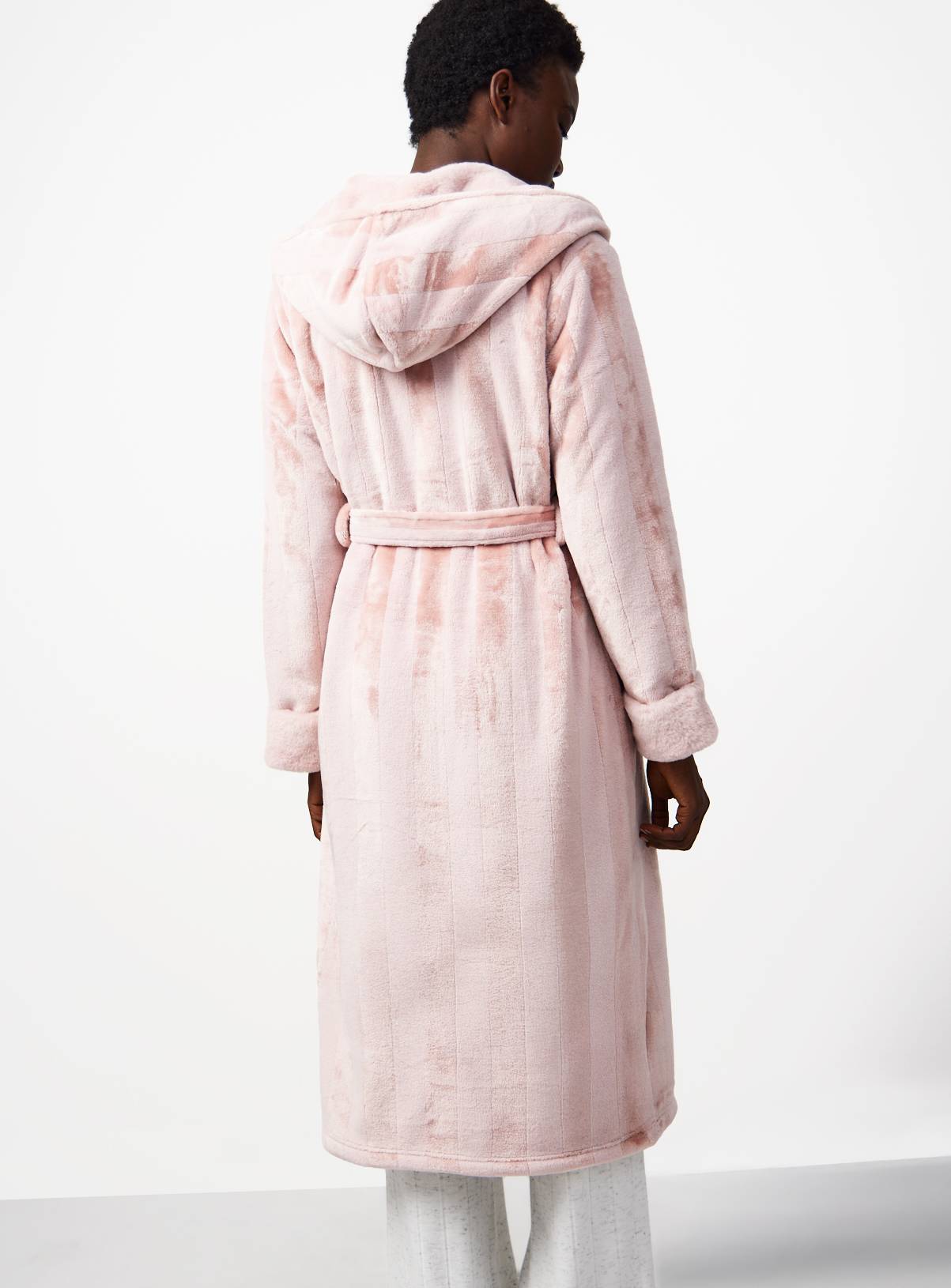 Pink Shadow Stripe Print Plush Hooded Dressing Gown S - Image 4