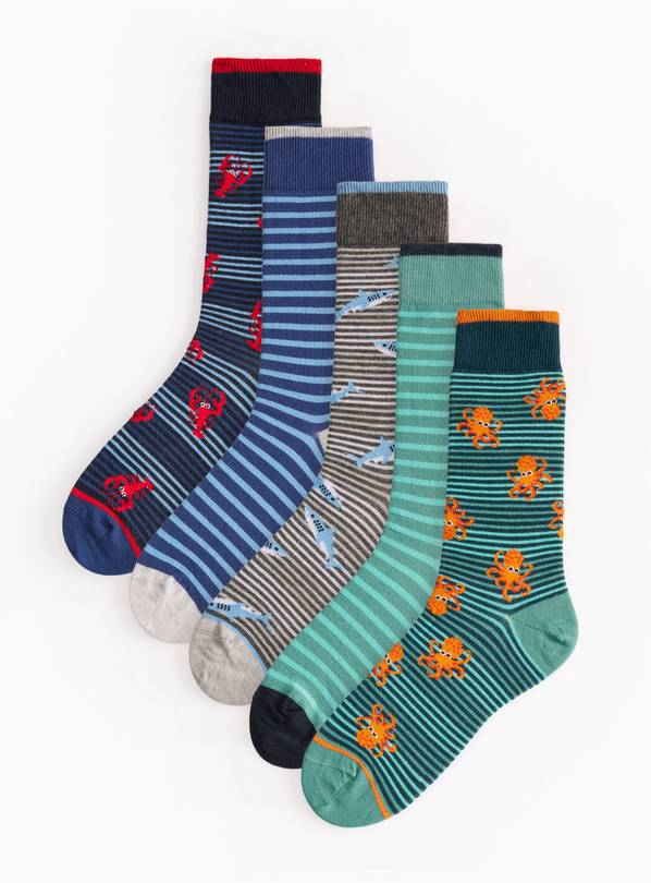 Sea Life Stripe Print Ankle Socks 5 Pack 9-12