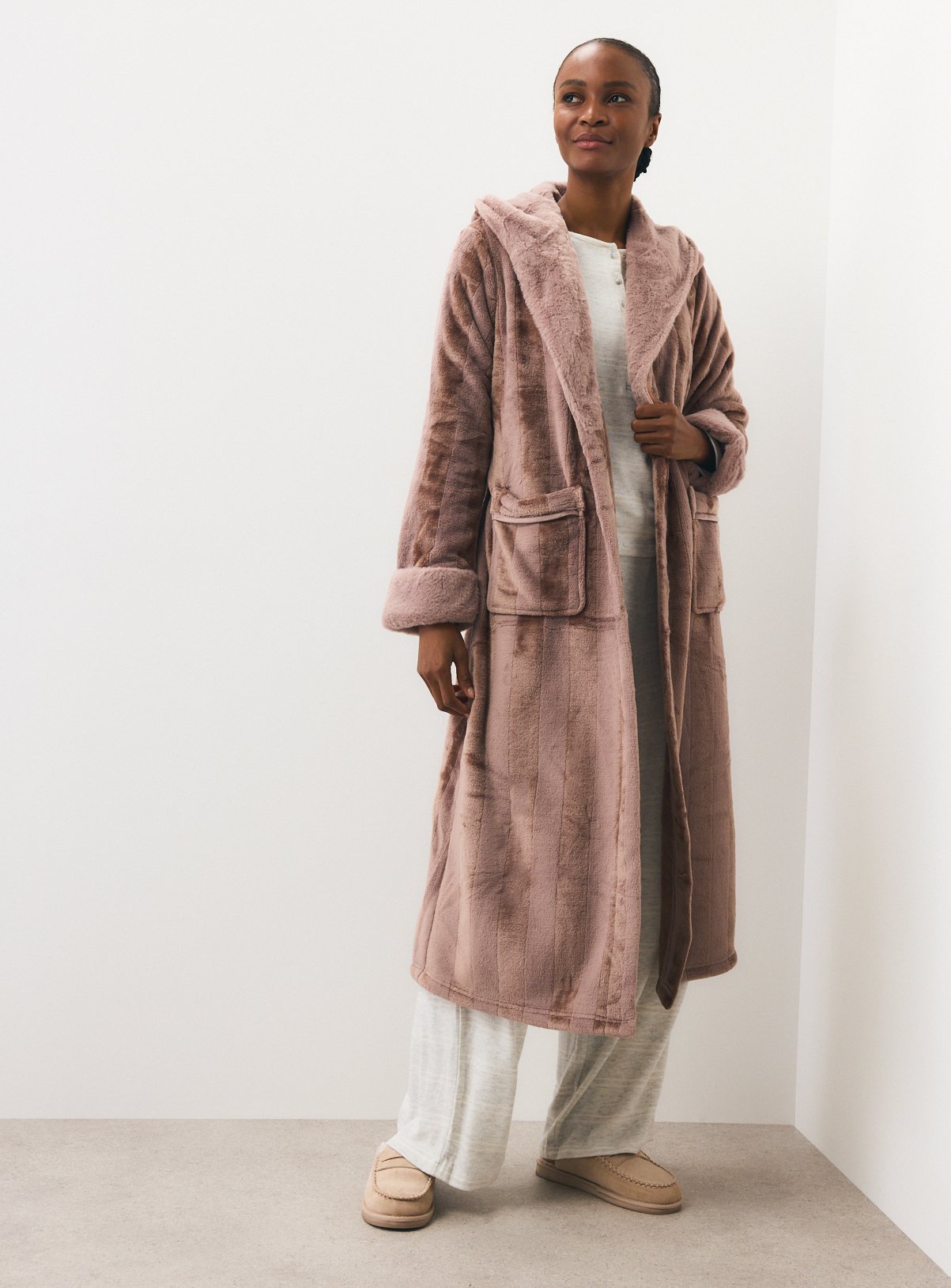 Neutral Shadow Stripe Plush Dressing Gown S - Image 2 thumbnail