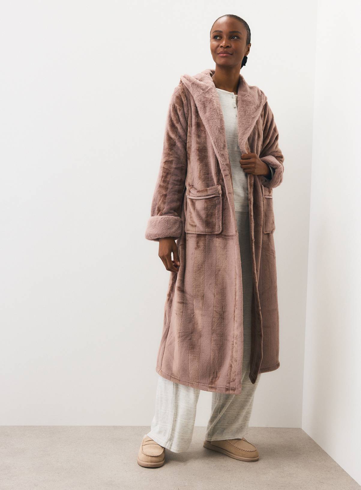 Neutral Shadow Stripe Plush Dressing Gown S - Image 2
