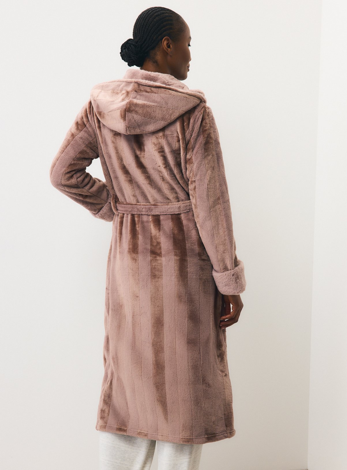 Neutral Shadow Stripe Plush Dressing Gown S - Image 4 thumbnail