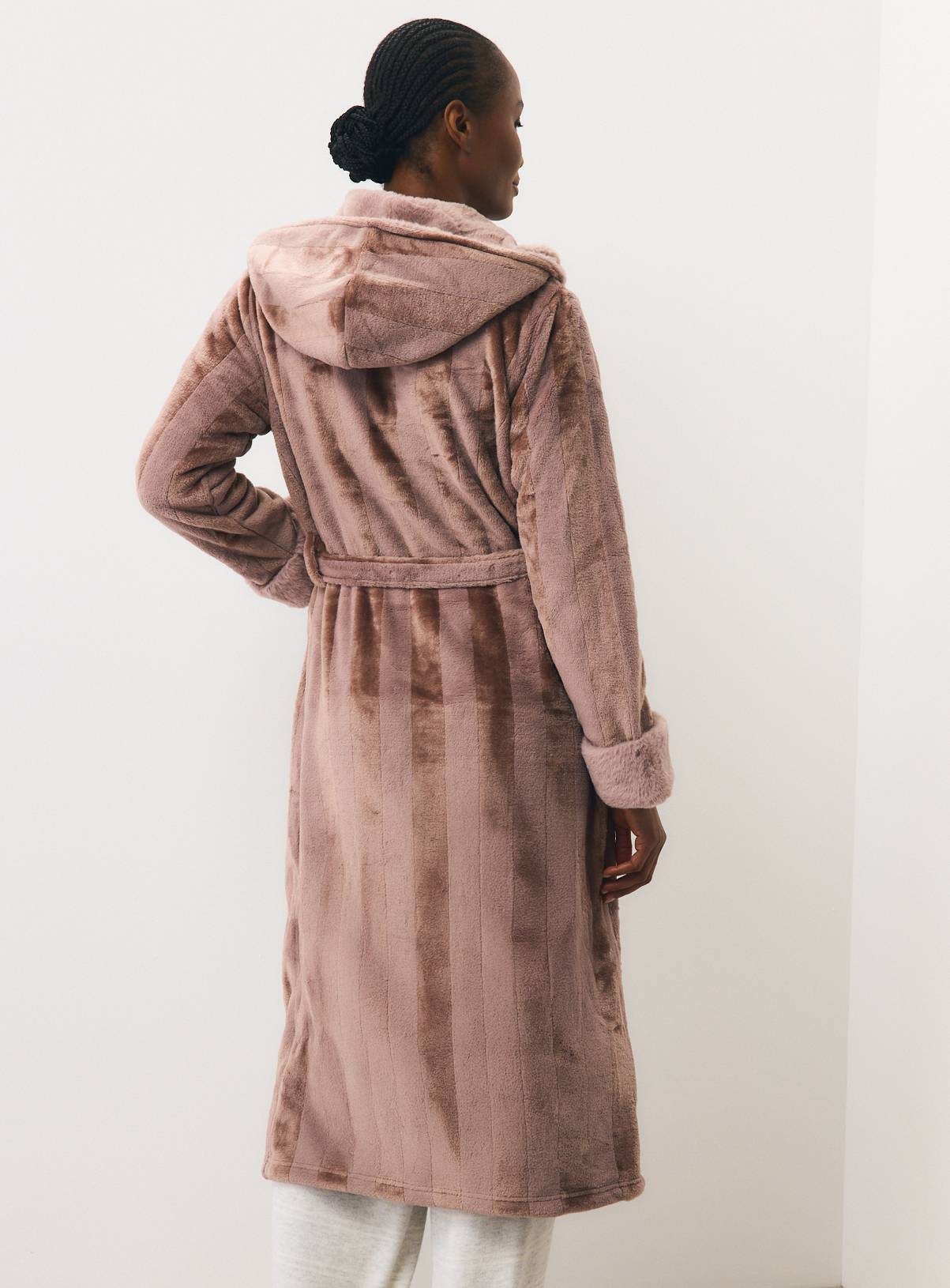 Neutral Shadow Stripe Plush Dressing Gown S - Image 4