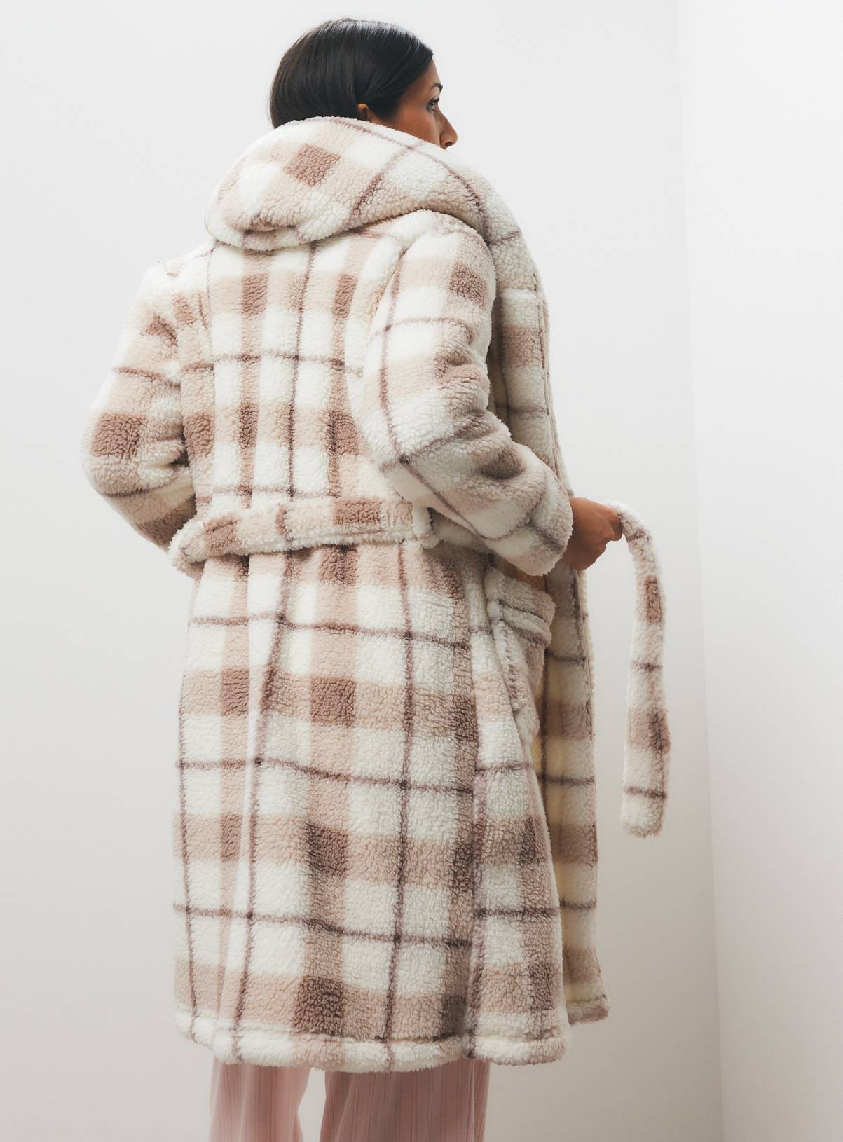 Neutral Checked Borg Hooded Dressing Gown  L - Image 1