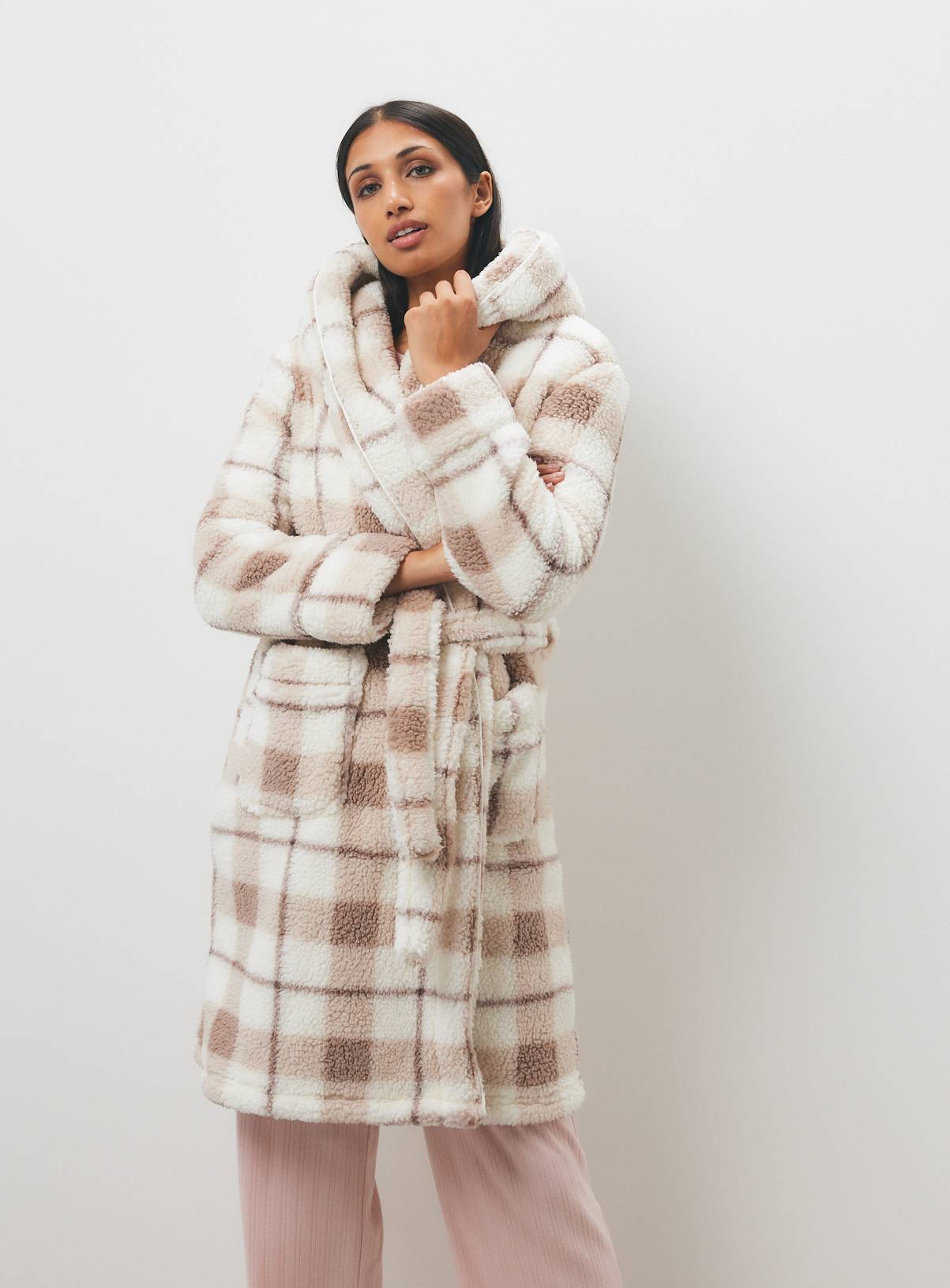 Neutral Checked Borg Hooded Dressing Gown  L - Image 2