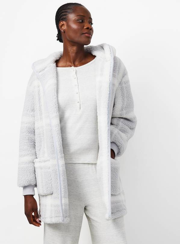 Grey Check Borg Hooded Dressing Gown L