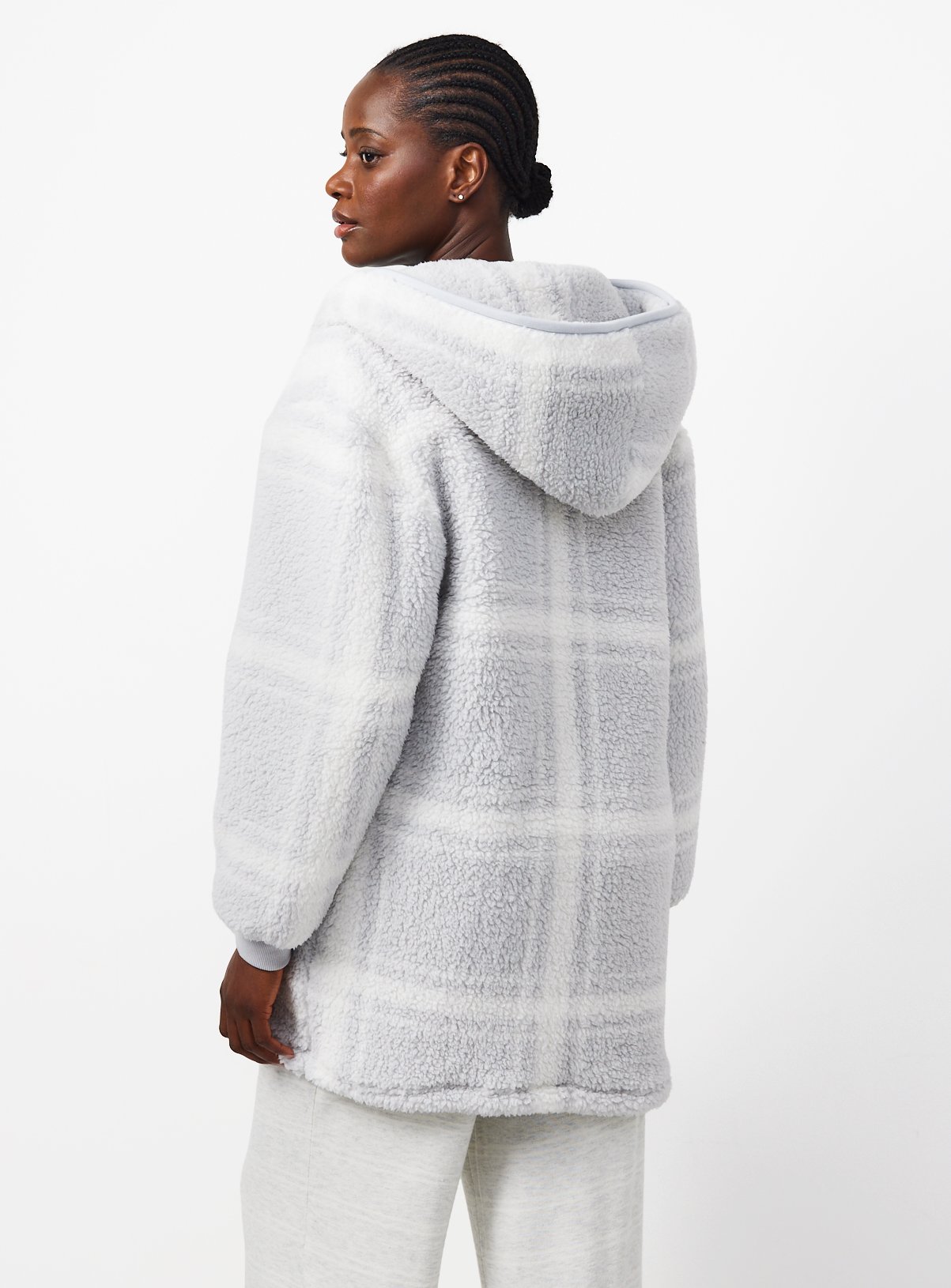 Grey Check Borg Hooded Dressing Gown XL - Image 4 thumbnail