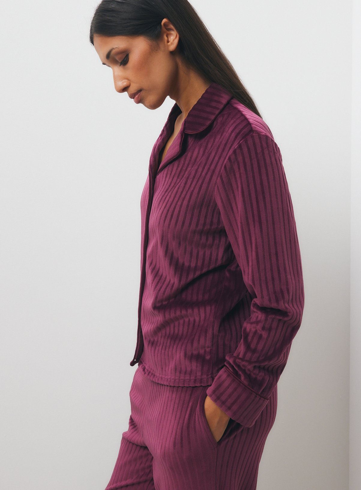 Plum Carved Stripe Slinky Traditional Pyjamas XXL - Image 3 thumbnail