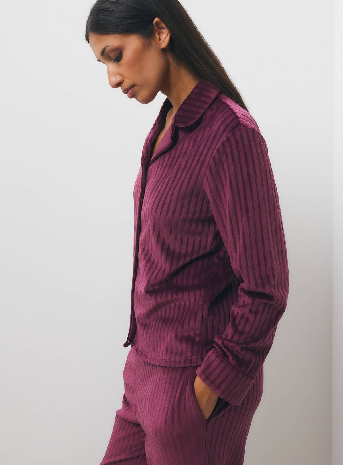 Plum Carved Stripe Slinky Traditional Pyjamas XXL - Image 3
