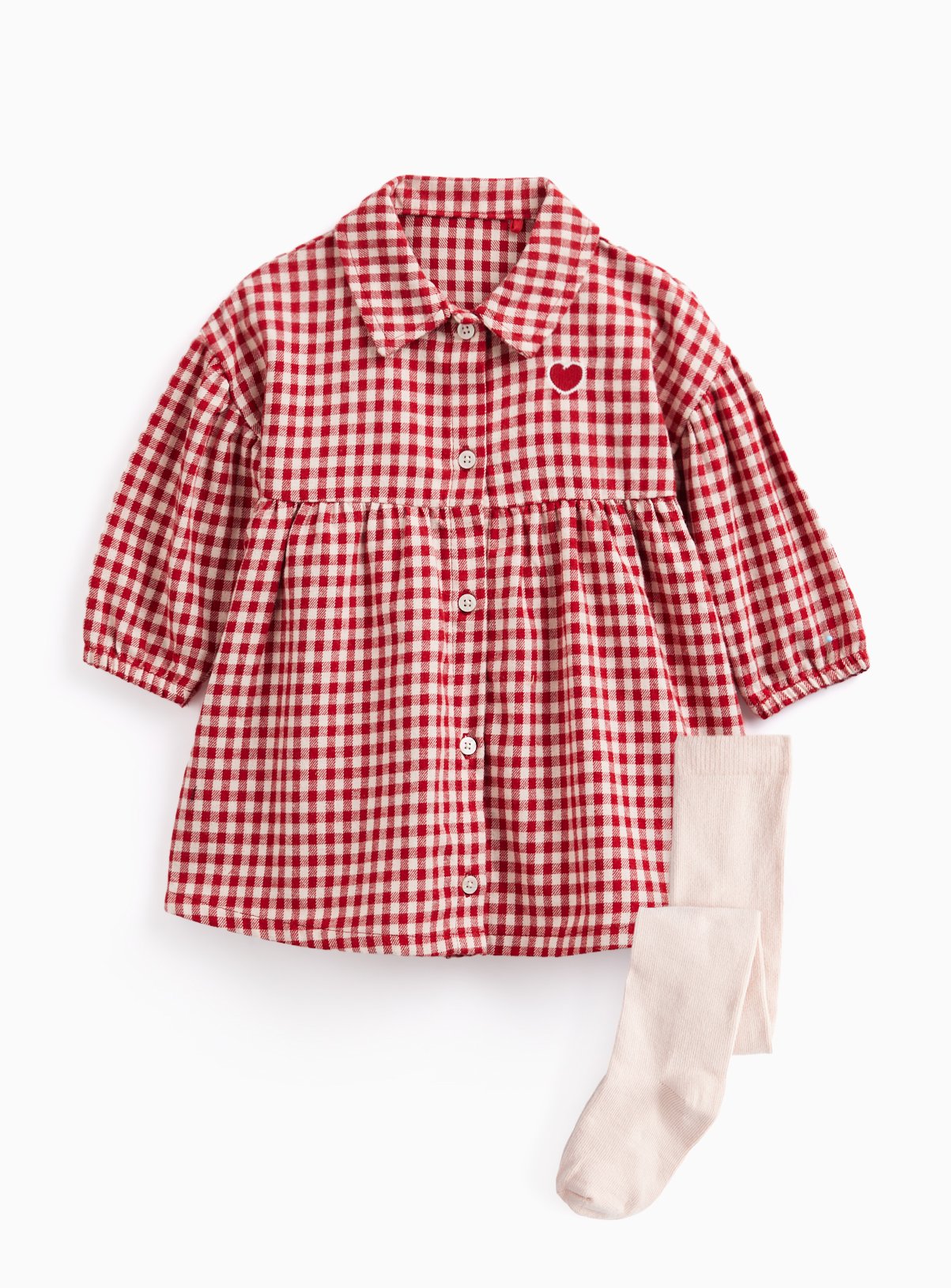 Red and White Check Shirt Dress with Heart Motif and Tights 6-9 months - Image 1 thumbnail