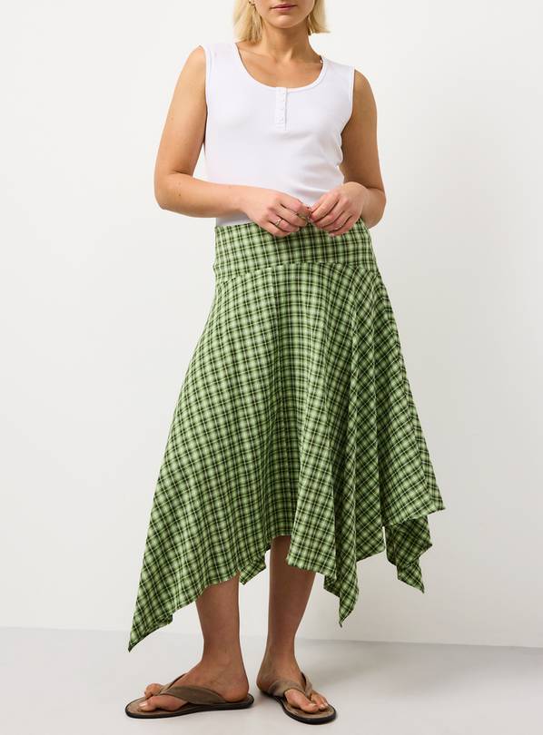 Green Check Print Hanky Hem Midi Skirt 18