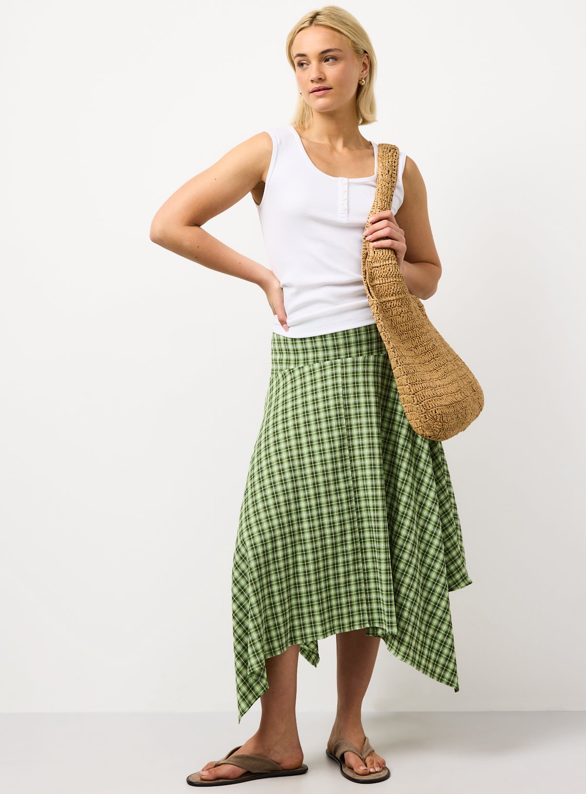 Green Check Print Hanky Hem Midi Skirt 22 - Image 2 thumbnail