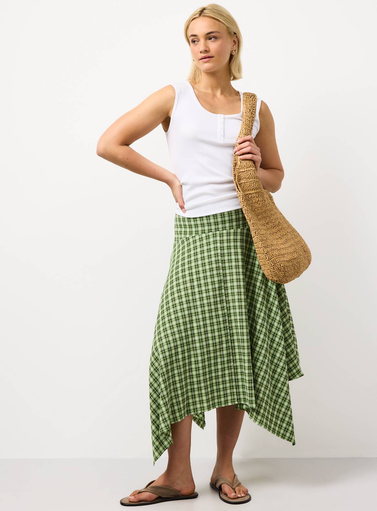 Green Check Print Hanky Hem Midi Skirt 22 - Image 2