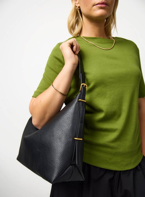 Black Faux Leather Slouchy Shoulder Bag One Size