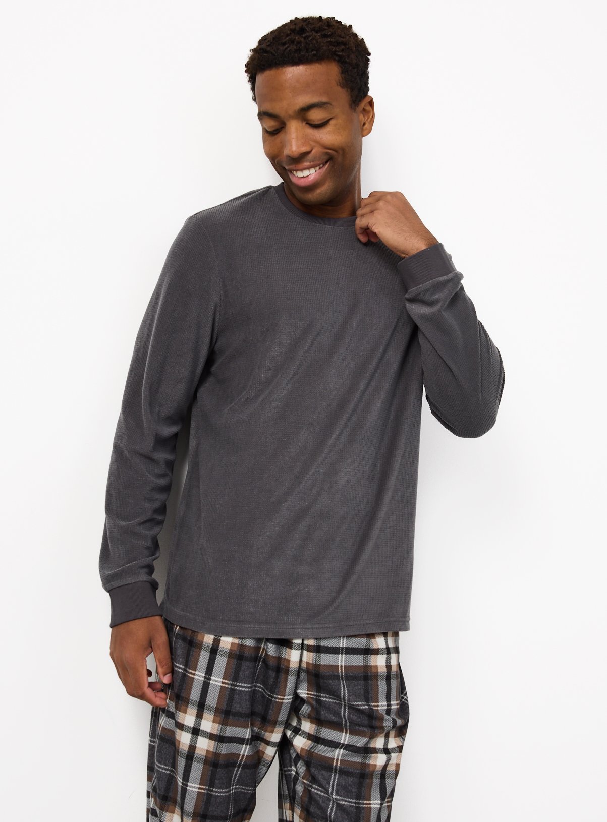 Grey Check Fleece Pyjama Set XL - Image 2 thumbnail