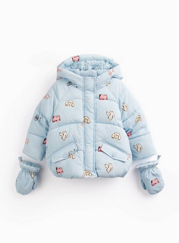 Blue Dog Print Hooded Puffer Borg Coat 6-7 years
