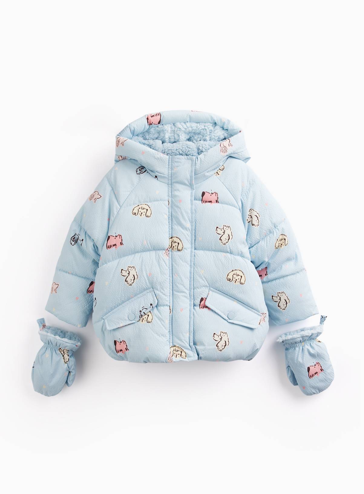 Blue Dog Print Hooded Puffer Borg Coat 6-7 years - Image 1