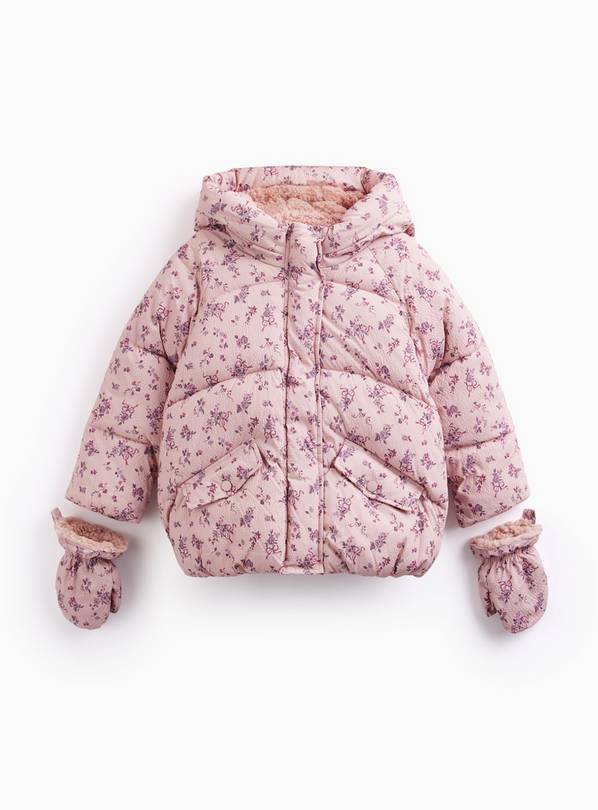 Pink Floral Print Hooded Puffer Borg Coat 5-6 years