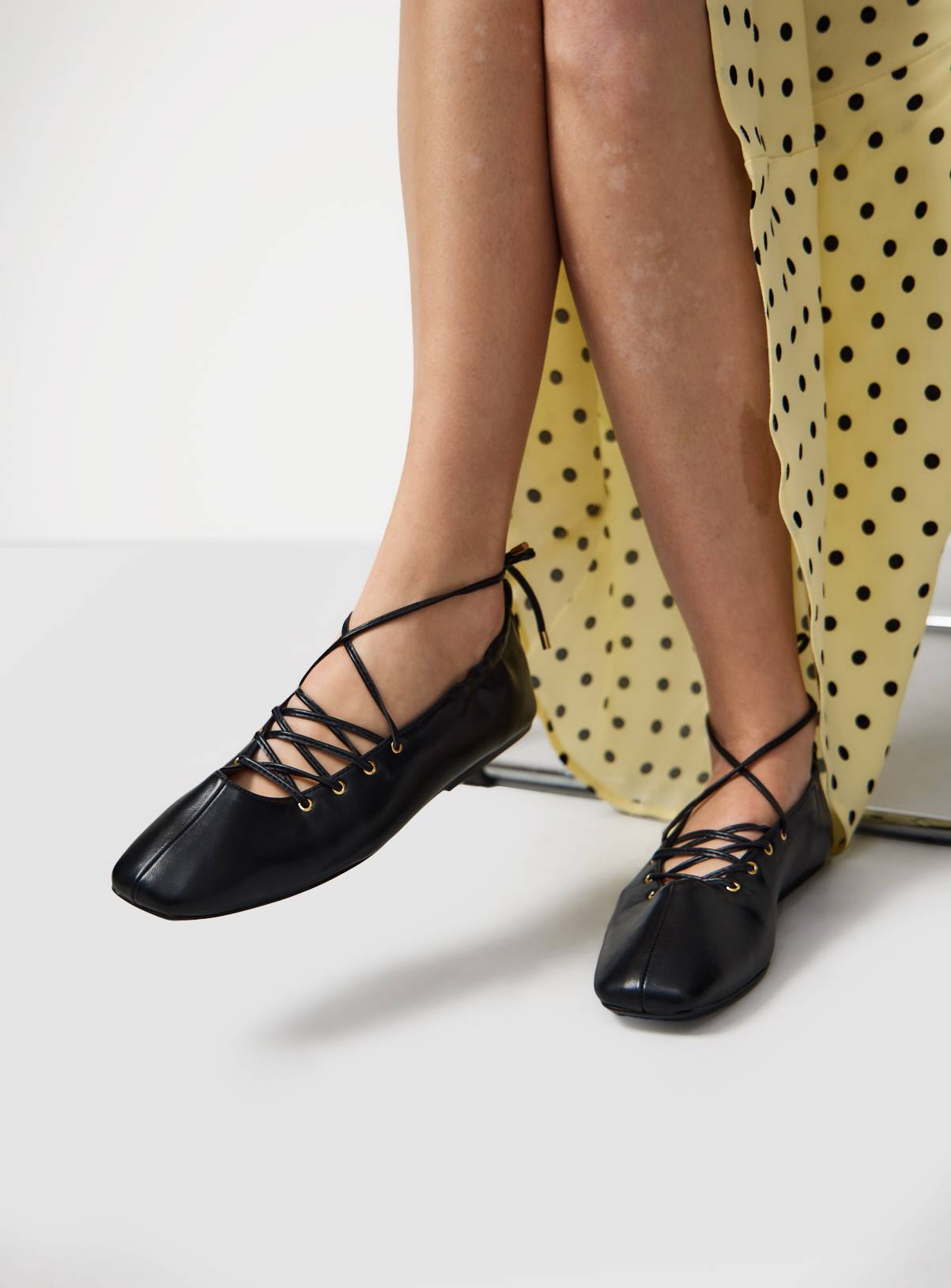 Black Faux Leather Lace Up Ballerina Shoes 7 - Image 1