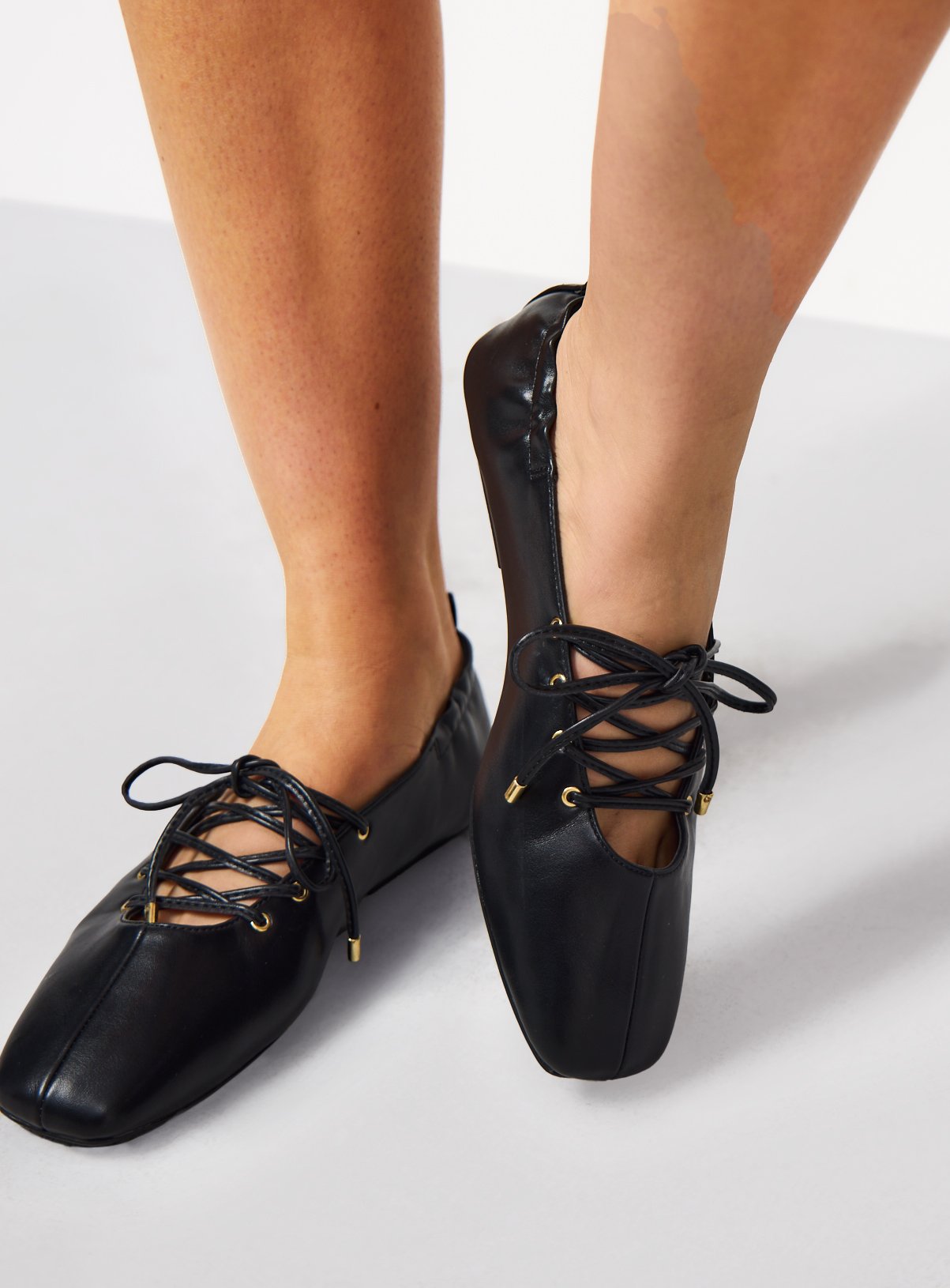 Black Faux Leather Lace Up Ballerina Shoes 7 - Image 2 thumbnail