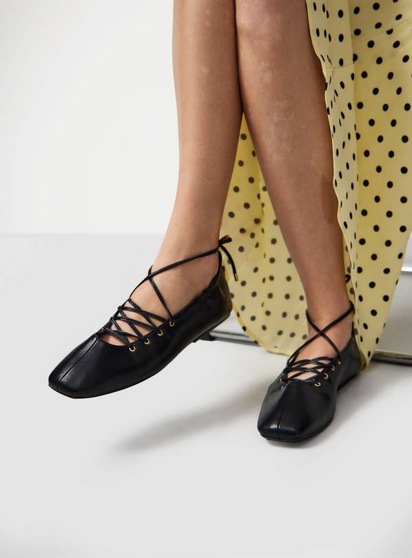 Black Faux Leather Lace Up Ballerina Shoes 7