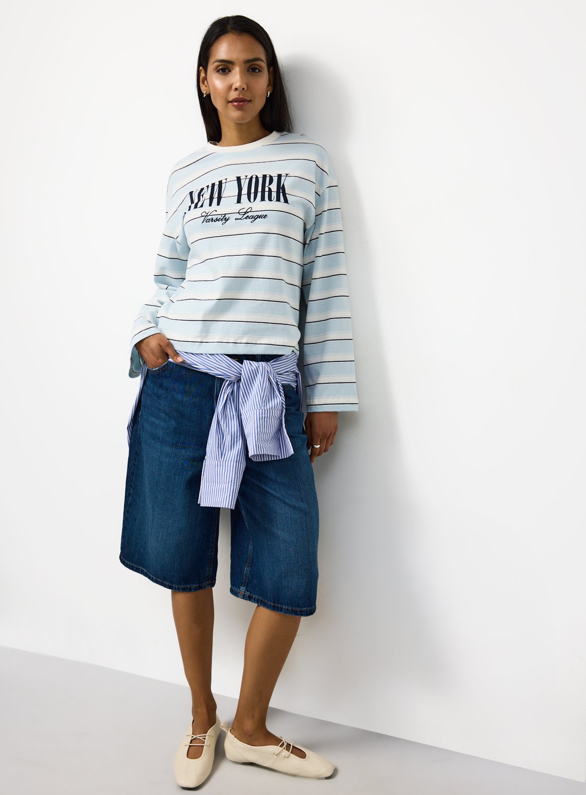 Blue Stripe New York Graphic Long Sleeve T-Shirt S - Image 2 thumbnail