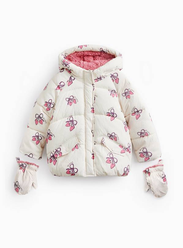 Cream Bow & Heart Print Short Puffer Jacket 2-3 years