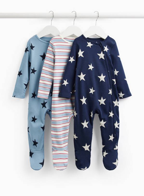 Tiny Baby Star Print Zip Feet Sleepsuits 3 Pack Up to 1 mth