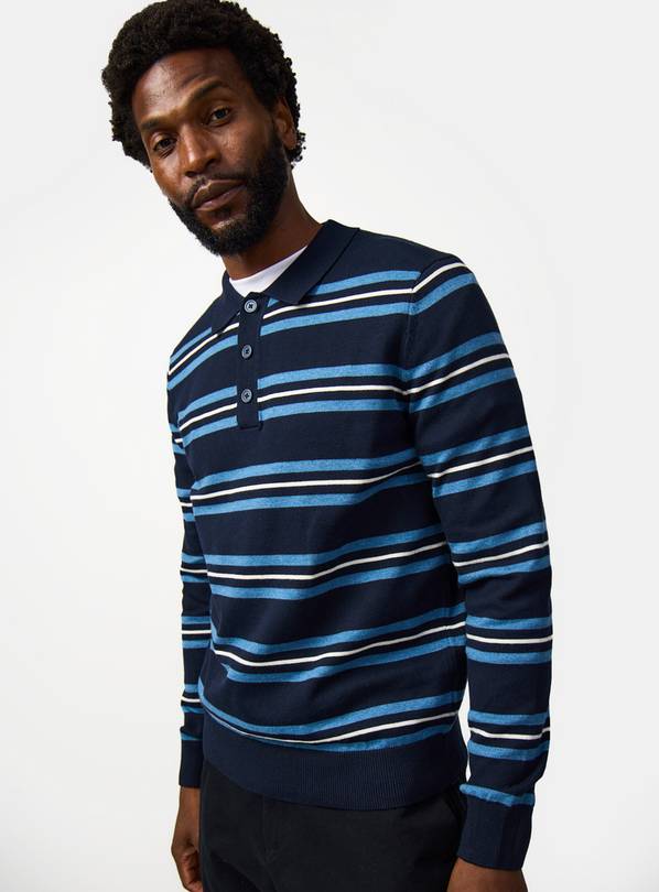 Navy Stripe Print Long Sleeve Polo Shirt M