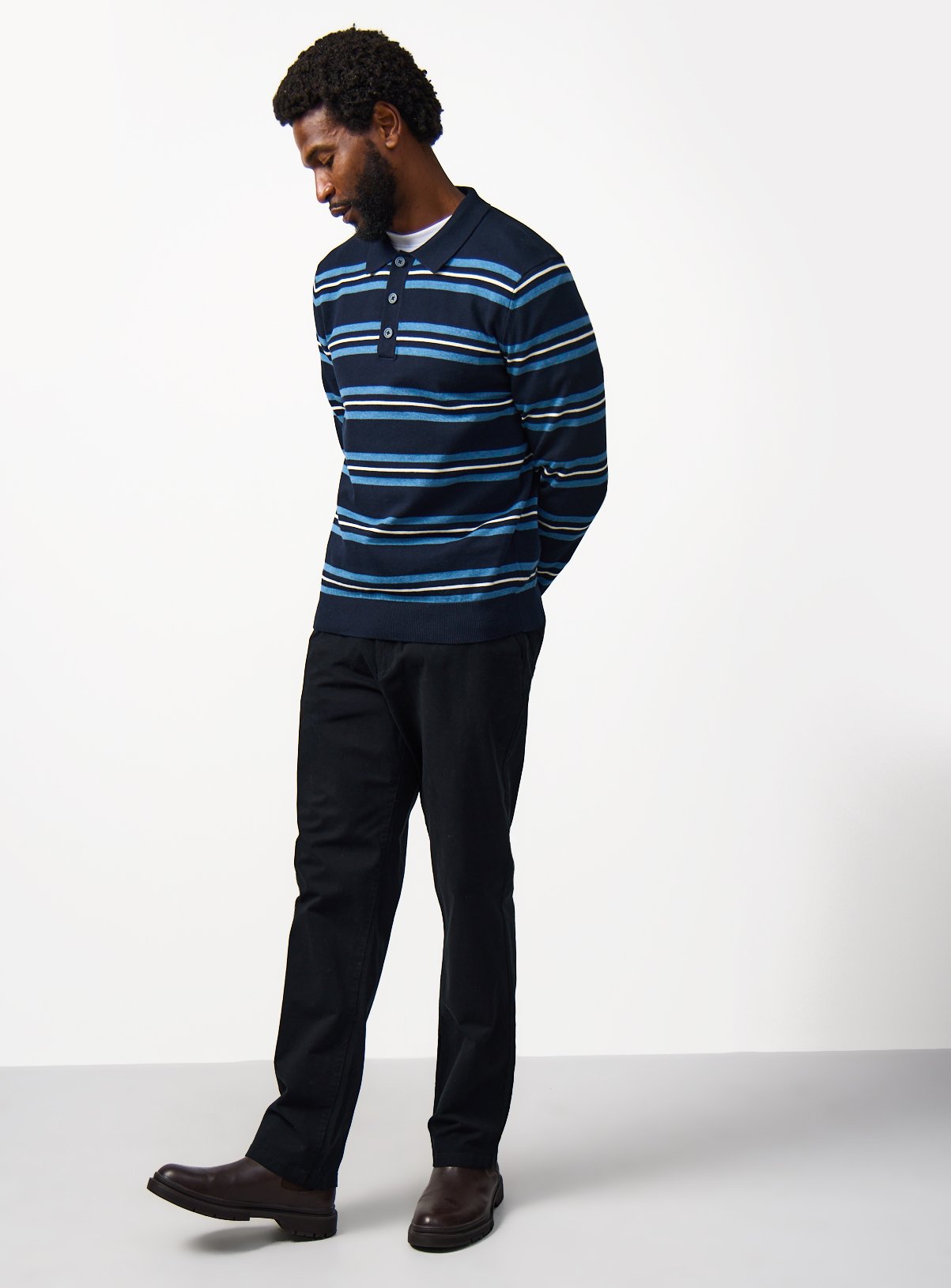 Navy Stripe Print Long Sleeve Polo Shirt M - Image 2 thumbnail