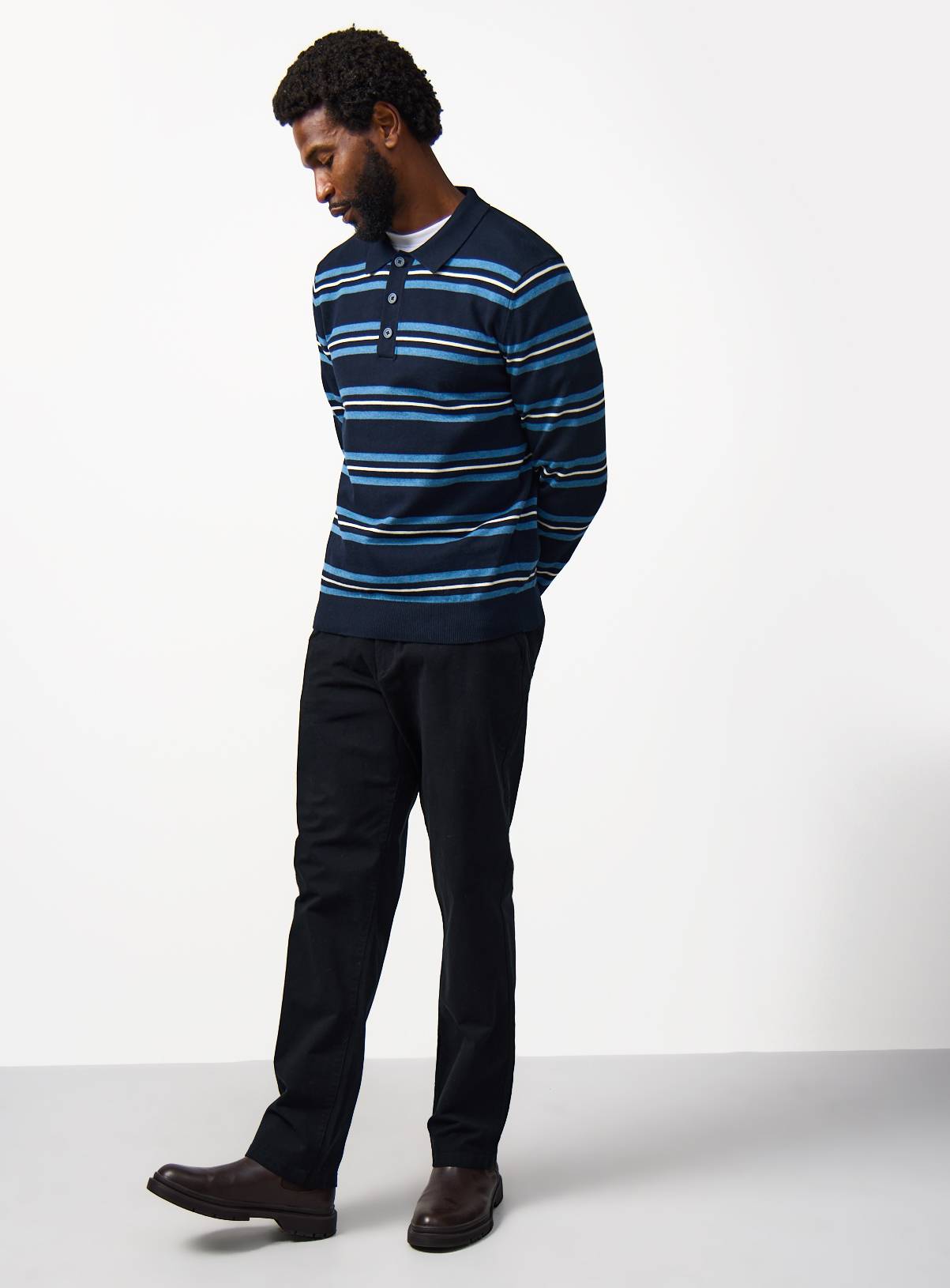 Navy Stripe Print Long Sleeve Polo Shirt M - Image 2
