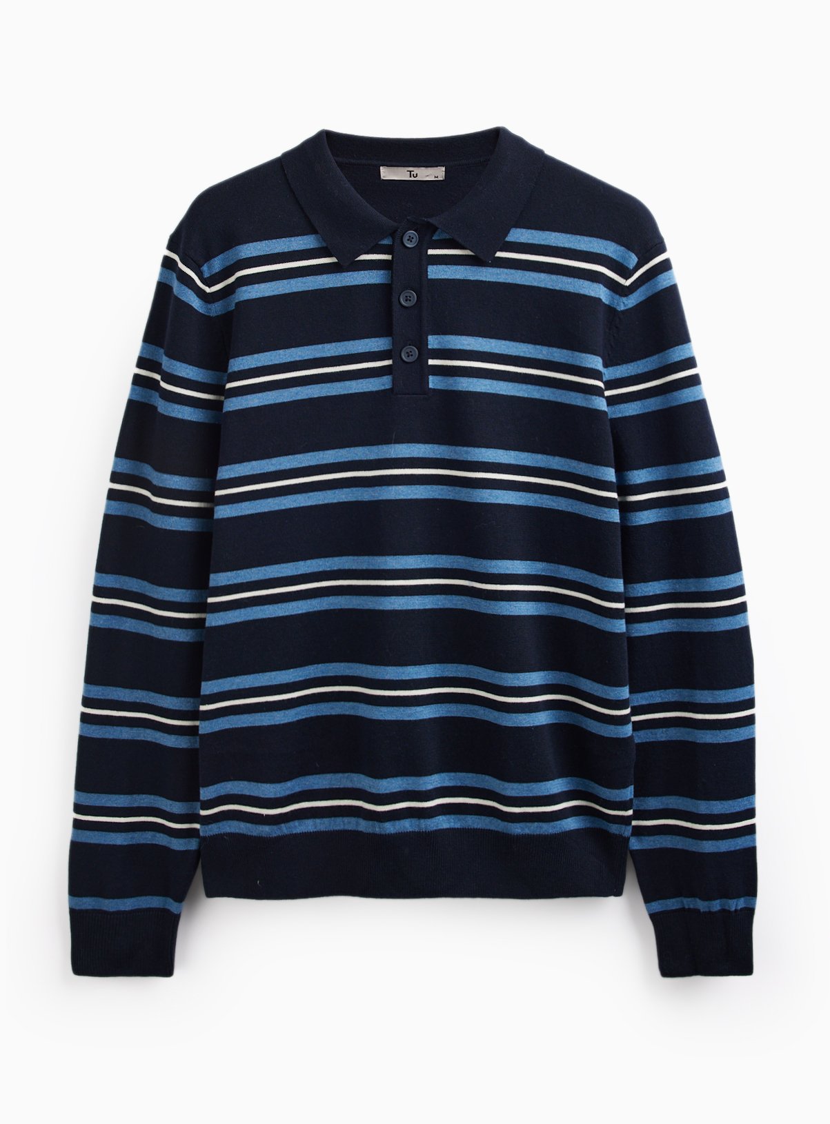 Navy Stripe Print Long Sleeve Polo Shirt M - Image 3 thumbnail