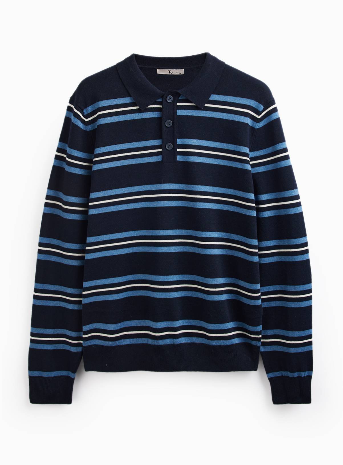 Navy Stripe Print Long Sleeve Polo Shirt M - Image 3