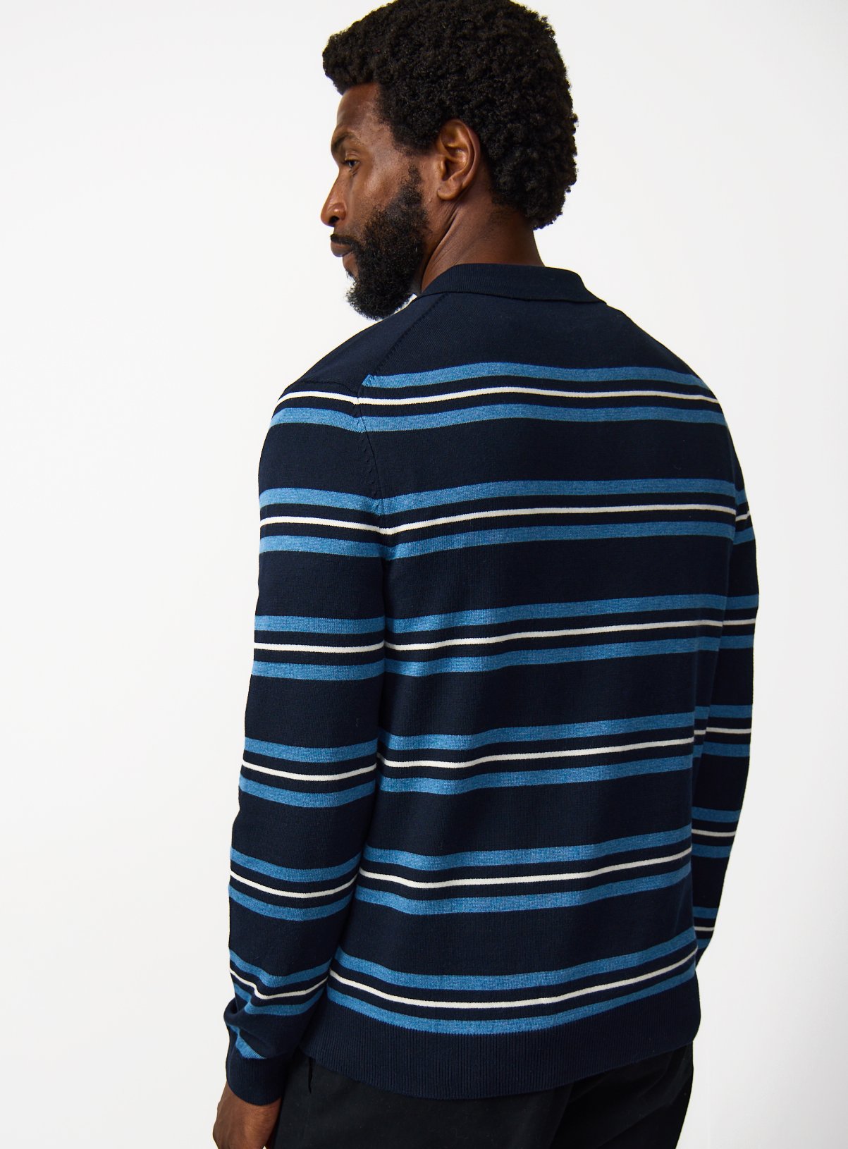Navy Stripe Print Long Sleeve Polo Shirt M - Image 5 thumbnail